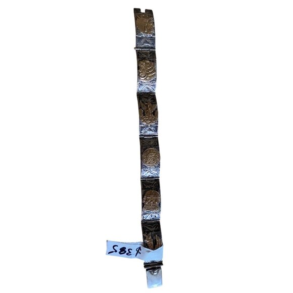 Vintage Mexican Sterling Silver & Gold Accented Panel Bracelet - Picture 2 of 16